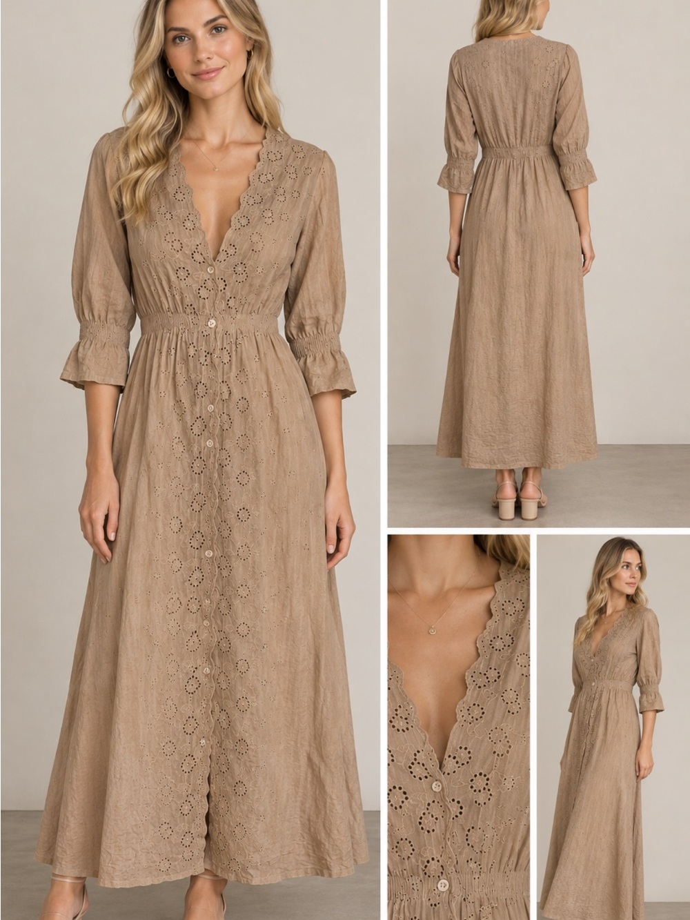 Scalloped Eyelet V-Neck Maxi Dress in Taupe Small